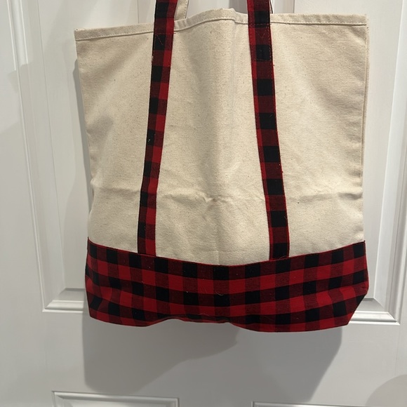 CHRISTMAS TREE SHOPS Cotton Canvas Tote Bag (Monogrammed “C”), Cream & Red\Black - Picture 12 of 13
